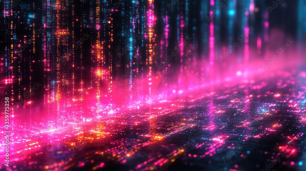 Obraz premium Abstract digital city landscape with glowing neon lights and data streams.