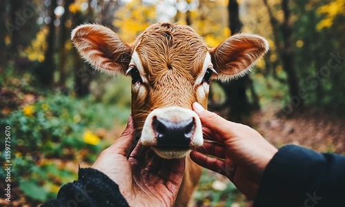Connection between humans and nature illustrated through cow in hands created with Generative AI technology