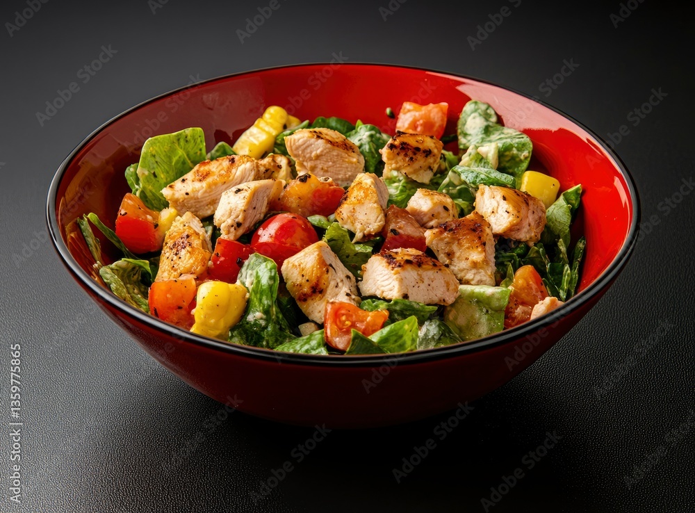 A colorful salad with chicken in a red bowl on a black background A colorful salad with chicken in a red bowl on a black background
