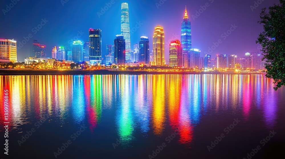 Fototapeta premium A glowing city skyline at night, with illuminated skyscrapers reflecting on a calm river.