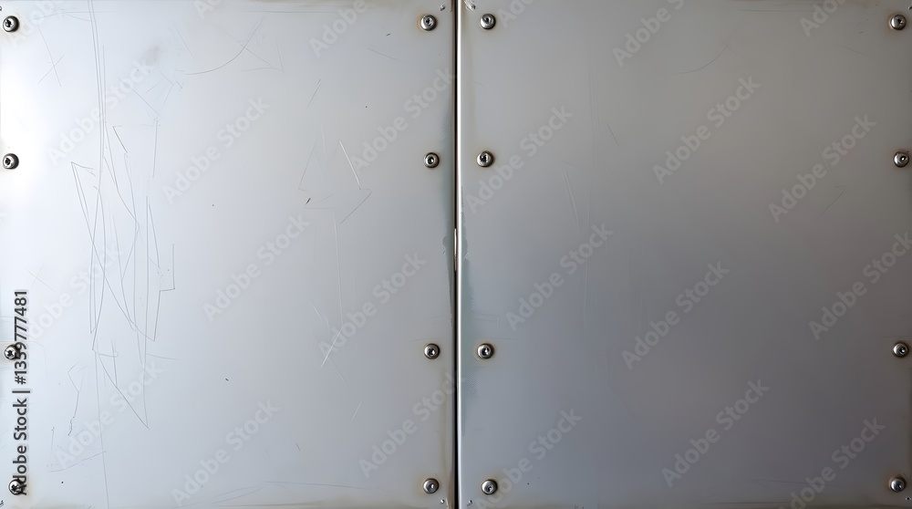 A close-up of a metallic panel with visible scratches, scuff marks, and a slightly worn industrial surface. The panel is secured with evenly spaced rivets, giving it a rugged, mechanical aesthetic. A close-up of a metallic panel with visible scratches, scuff marks, and a slightly worn industrial surface. The panel is secured with evenly spaced rivets, giving it a rugged, mechanical aesthetic.