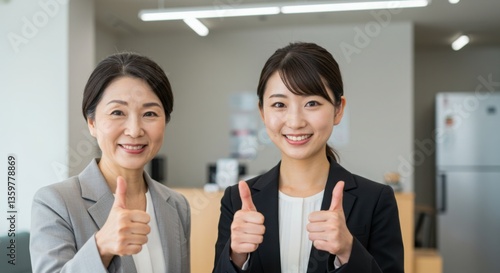 笑顔のビジネスウーマン2人　親指を立てて成功を表すジェスチャー　オフィス　肯定的　ポジティブ