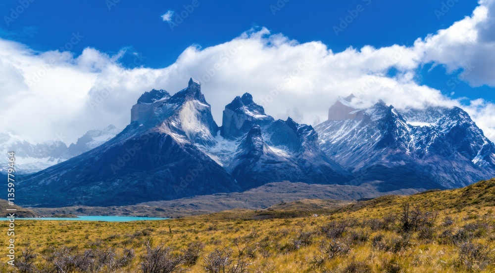 Breathtaking view of snow-capped mountains and blue skies.