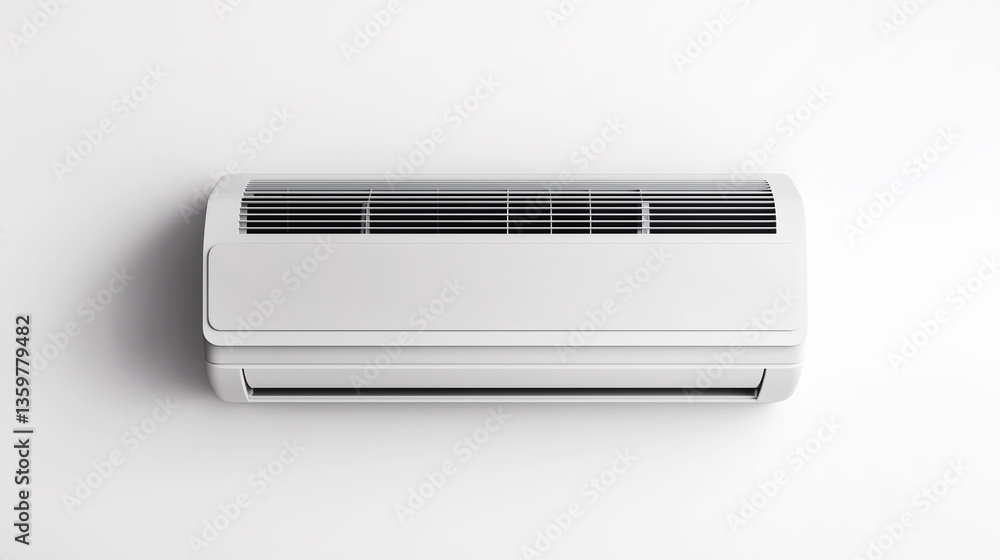 Front view of a modern split air conditioner inside unit on a white wall, air conditioning comfort equipment in summer
