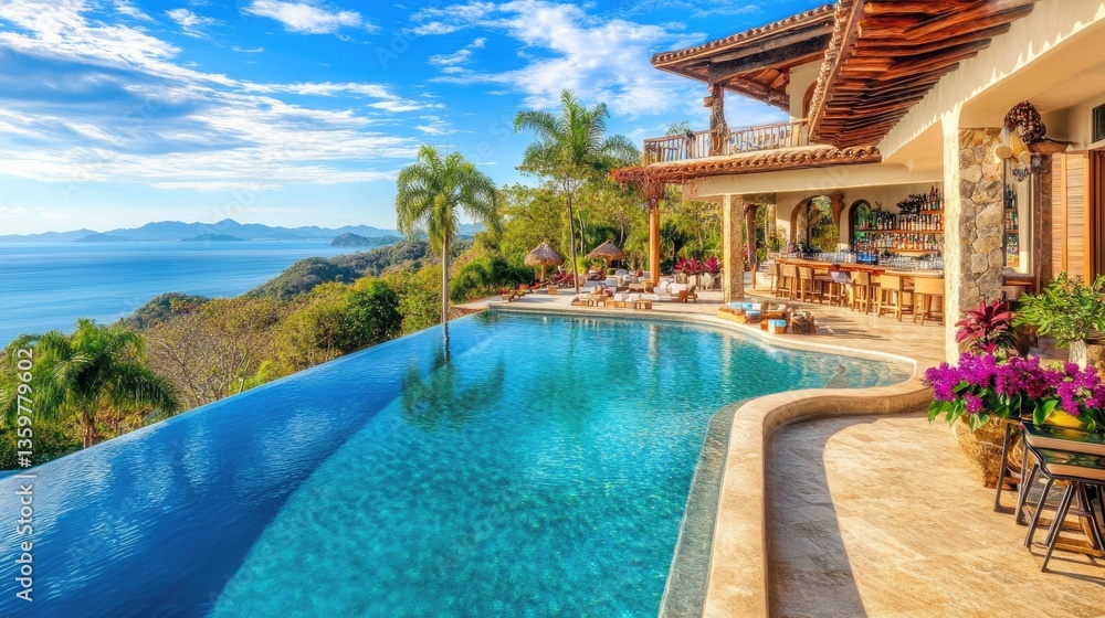 Fototapeta premium A luxury tropical resort pool with a swim-up bar, surrounded by lush palm trees and ocean views.