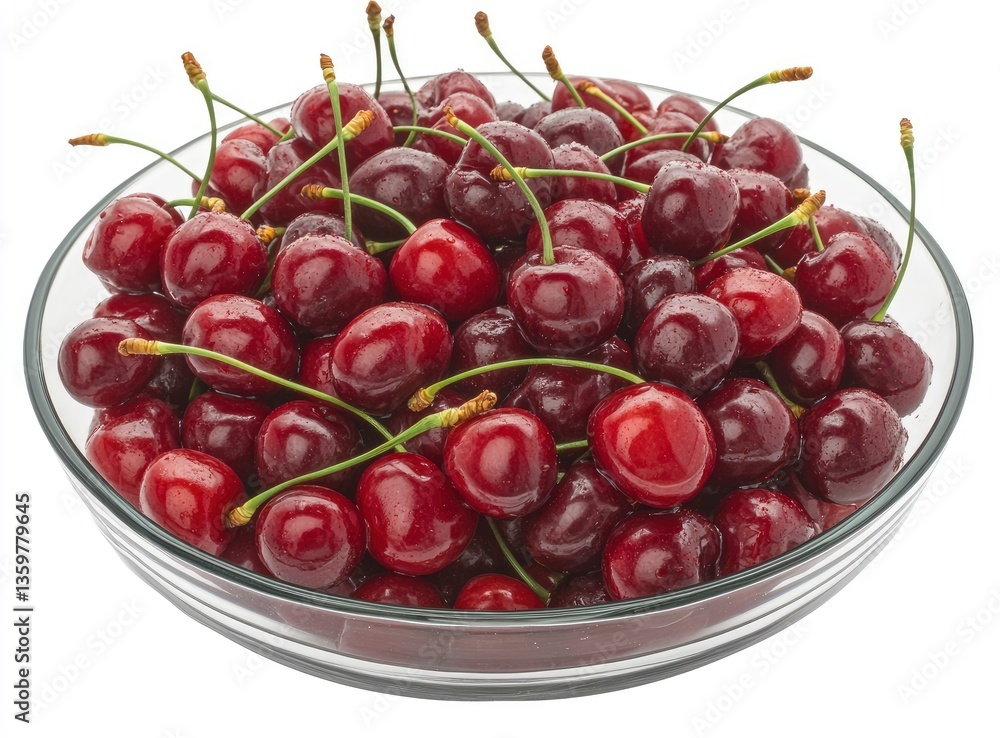 A large bowl of fresh cherries, a vibrant red color with glossy skin and green stems. A large bowl of fresh cherries, a vibrant red color with glossy skin and green stems.
