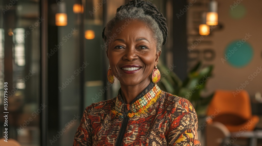 Woman with a big smile on her face is wearing a colorful outfit. Woman with a big smile on her face is wearing a colorful outfit.