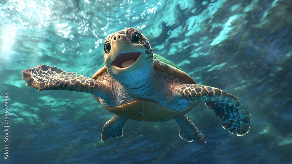 Obraz premium Smiling Sea Turtle Swimming in an Underwater Coral Environment