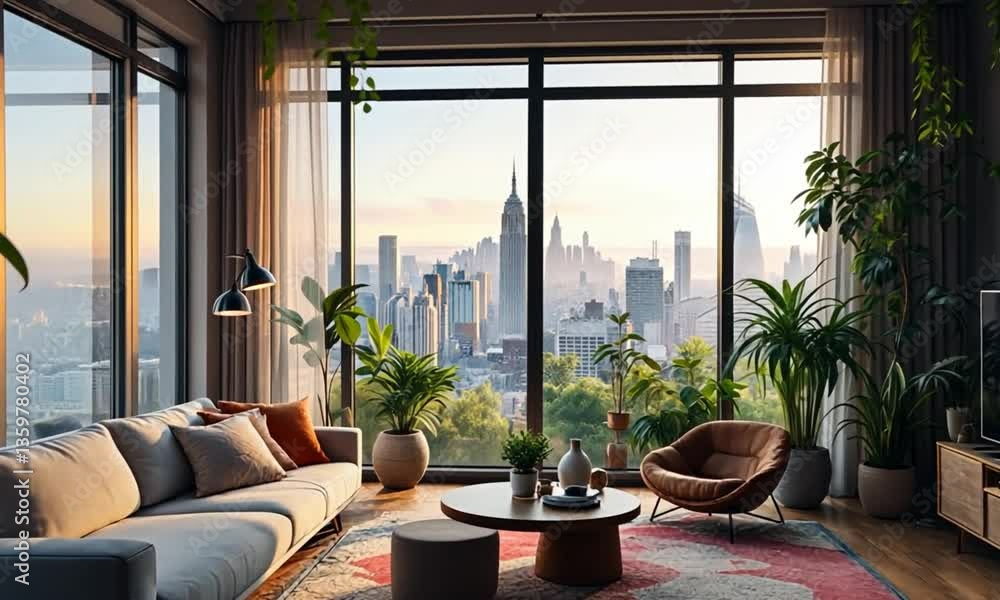Modern Apartment Living Room with City View Modern Apartment Living Room with City View