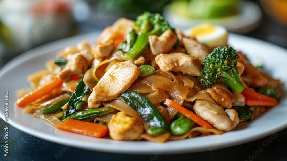 A hearty Thai pad see ew noodle dish with stir-fried chicken, egg, and vegetables in a soy-based sauce. A hearty Thai pad see ew noodle dish with stir-fried chicken, egg, and vegetables in a soy-based sauce.