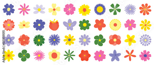 Collection of spring colorful flower elements vector. Set floral of wildflower, daisy, sunflower on white background. Hand drawn blossom illustration for decor, easter, sticker, clipart, print.