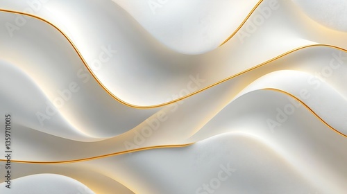 Abstract white wavy lines with golden accents.  A smooth, elegant design with flowing, undulating forms