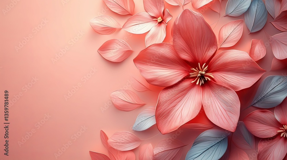 Fototapeta premium Blush Pink Floral Delight: A 3D Render of Delicate Coral and Blue Flowers