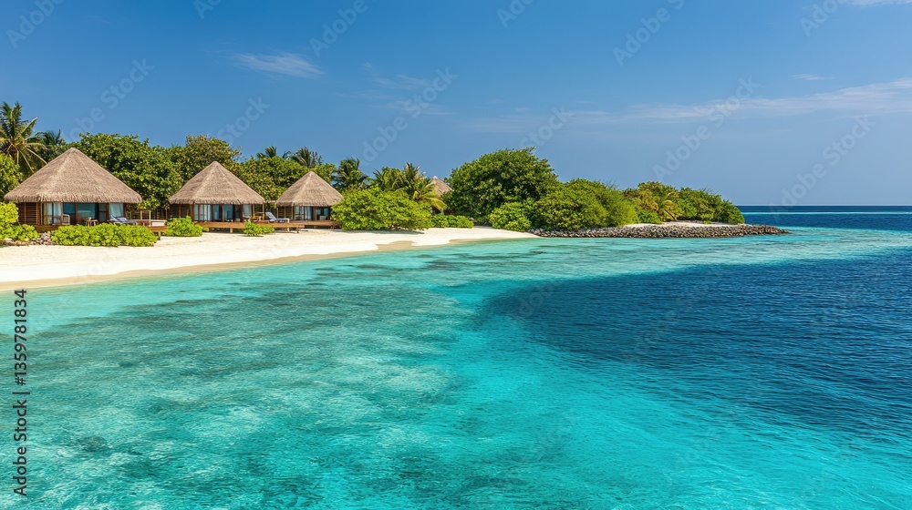 Fototapeta premium A peaceful tropical island with thatched-roof huts on a white sandy beach, symbolizing the ultimate relaxation getaway.