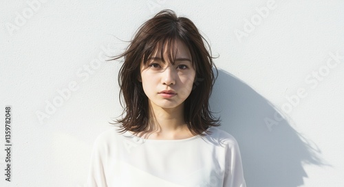 白い壁の前で、自然な表情の若い女性ポートレート：爽やかなショートボブヘアスタイル、ナチュラルメイク