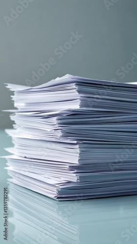 A neat stack of white documents on a reflective surface in a minimalist office setting