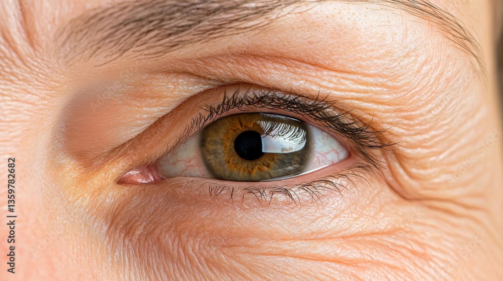 Fototapeta premium A close-up reveals the intricate details of a mature woman's eye; notice the delicate wrinkles and the warm hazel color reflecting a gentle light, showcasing the beauty of aging
