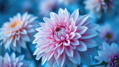 Delicate petals of sunflower dahlia in icy blue color, dahlia, winter scene