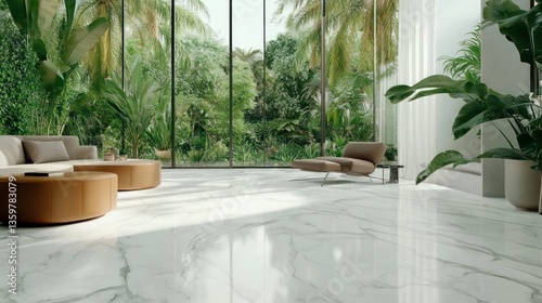 A modern interior with large windows showcasing a lush outdoor garden.