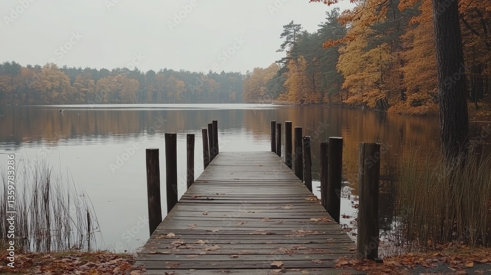 Obraz premium A rustic wooden pier extending into a peaceful lake, surrounded by autumn foliage, capturing the beauty of nature tourism.