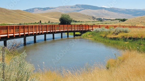 Wallpaper Mural A rustic wooden bridge crossing a calm river in a scenic valley, representing rural travel. Torontodigital.ca