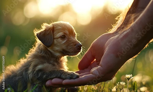 Small dog in human hand illustrating harmony between people and nature created with Generative AI technology