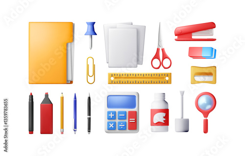 3D stationery set icons isolated. Render collection of office supply. Papers, ruler, folder, pencil, pen, calculator, scissors. Office supply, school and education equipment Vector illustration