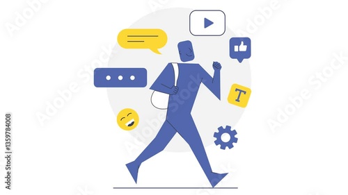 Illustration of a Smiling Character Connecting with Social Media Symbols Around