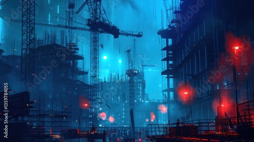 Futuristic Construction Site at Night, Cranes, Skyscrapers, Neon Lights