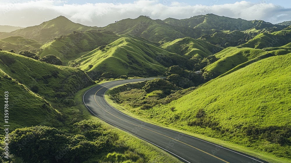 Fototapeta premium A scenic road winding through rolling green hills, perfect for a road trip vacation adventure.