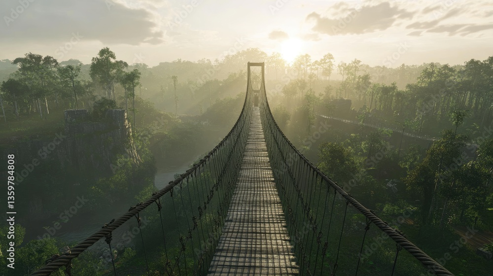 Obraz premium A scenic suspension bridge stretching over a deep rainforest valley.