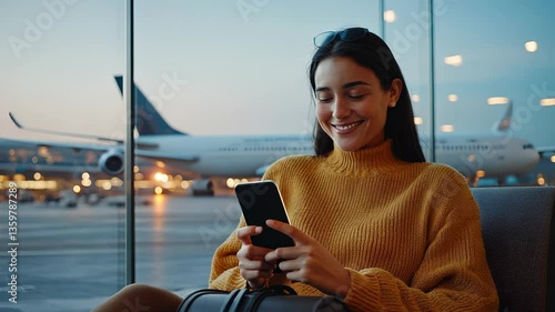 Smiling woman departure eyeglasses and in sweater using mobile phone with airport lounge, waiting for flight yellow video 4k