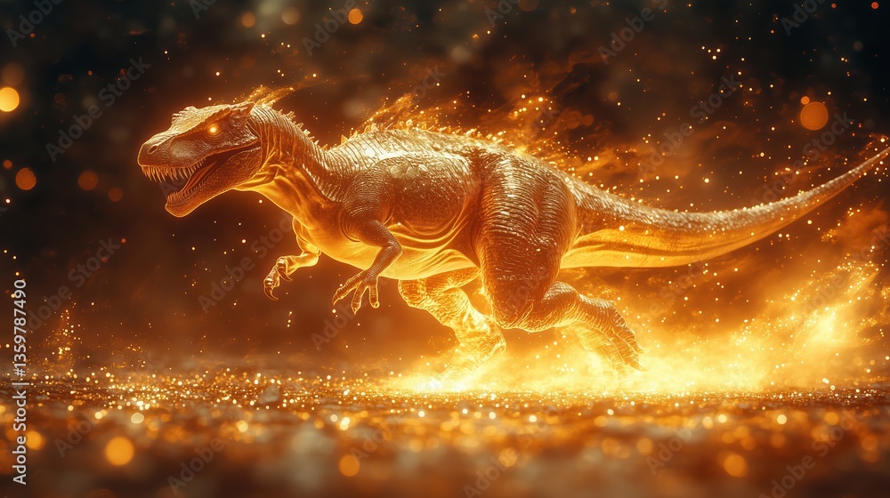 Fototapeta premium Majestic golden dinosaur in powerful motion against a sparkling red background