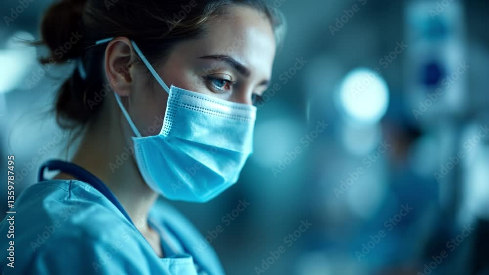 Closeup of sad nurse wearing mask in slow motion during the corona virus pandemic