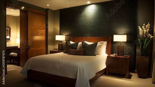 Wallpaper Mural Contemporary bedroom, dark textured walls, warm wood headboard and nightstands, soft lighting creating a serene and upscale ambiance, wide-angle doorway shot.  Torontodigital.ca