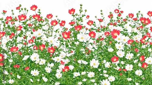A floral landscape with red and white daisy-like flowers in full bloom against a pure white background