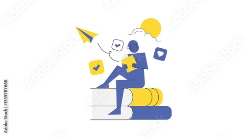 Person Sitting on Books with Sun Icon and Paper Airplane Illustration