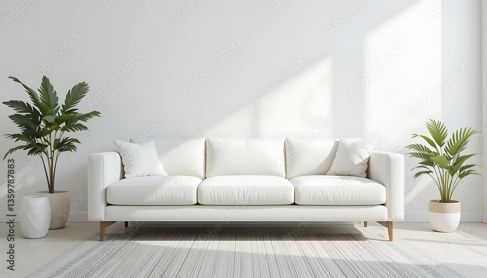 Fototapeta premium Modern White Couch in Bright Minimalist Room with Plants and Sunlight