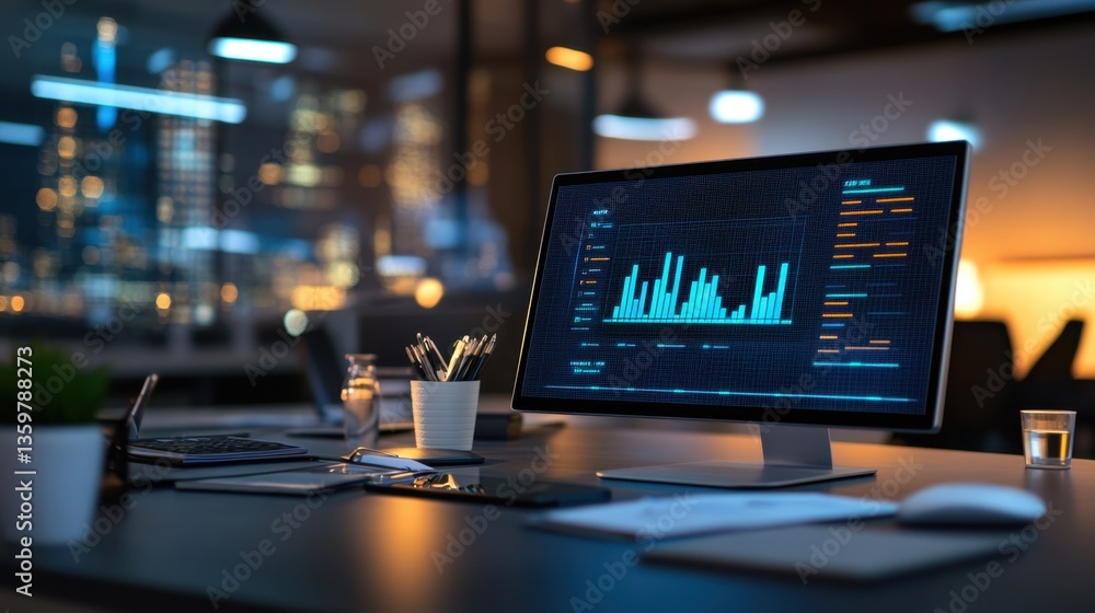 A modern office workspace with a digital screen displaying a professional business bar chart. A modern office workspace with a digital screen displaying a professional business bar chart.