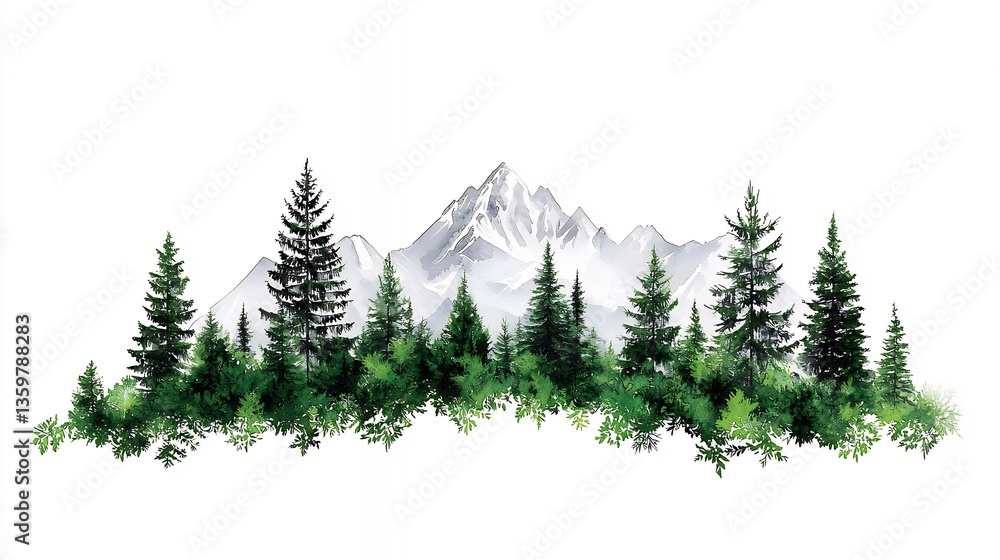 Obraz premium Watercolor Mountain Range with Evergreen Trees