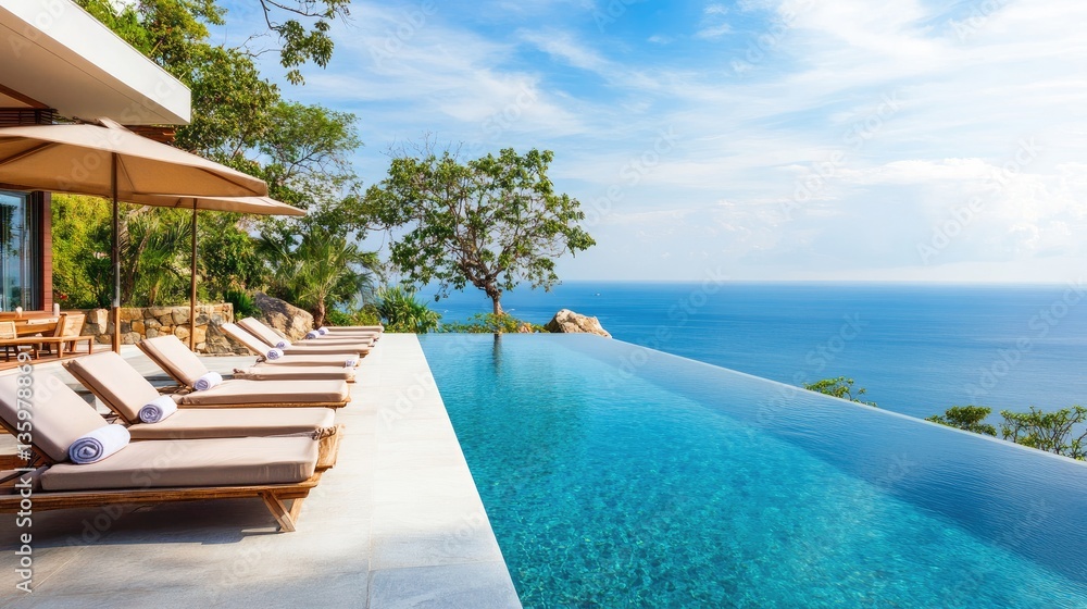 Obraz premium A stunning infinity pool overlooking a vast ocean, capturing the essence of relaxation.