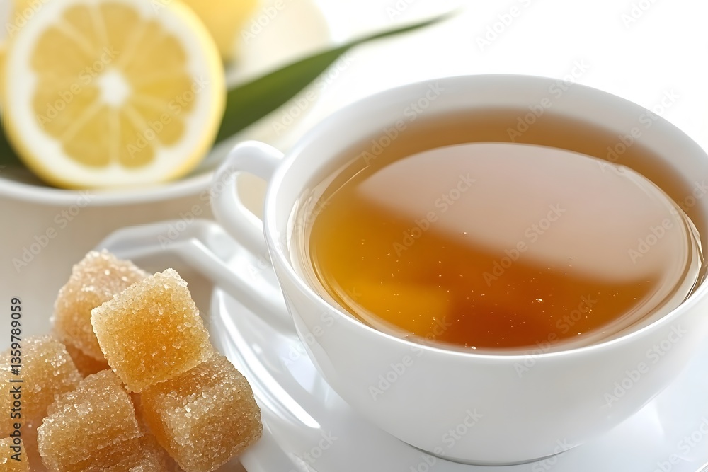 Closeup of Aromatic Tea Cup with Lemon and Brown Sugar Cubes Closeup of Aromatic Tea Cup with Lemon and Brown Sugar Cubes