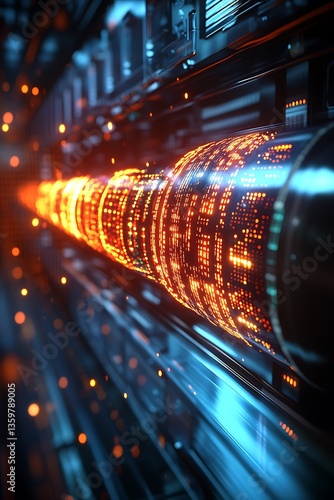 A futuristic depiction of data moving through fiber optic cables
