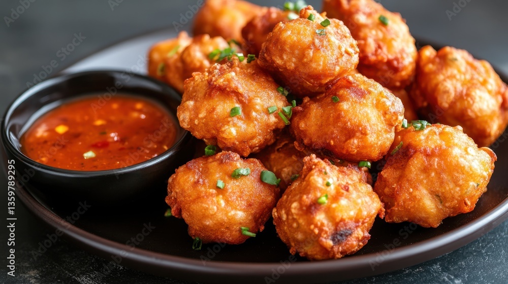 A plate of Thai curry puffs filled with spiced potato and chicken, served with a tangy dipping sauce. A plate of Thai curry puffs filled with spiced potato and chicken, served with a tangy dipping sauce.