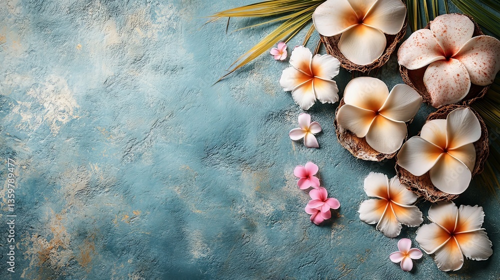 Fototapeta premium Tropical Flowers in Coconut Shells on Textured Background