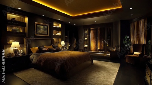 Wallpaper Mural Contemporary luxurious bedroom, dark walls with rich textures, ambient lighting illuminating warm wood decor, plush bedding for a cozy yet upscale feel, corner perspective wide shot.  Torontodigital.ca