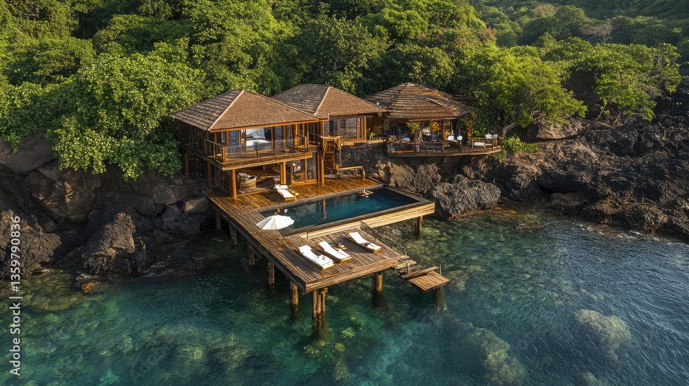 A wooden boardwalk stretching over crystal-clear waters, leading to a secluded tropical retreat. A wooden boardwalk stretching over crystal-clear waters, leading to a secluded tropical retreat.