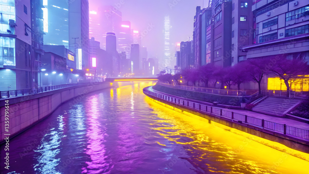 Naklejka premium glowing neon yellow river flows through vibrant cityscape, surrounded by modern buildings and illuminated by colorful lights, creating captivating