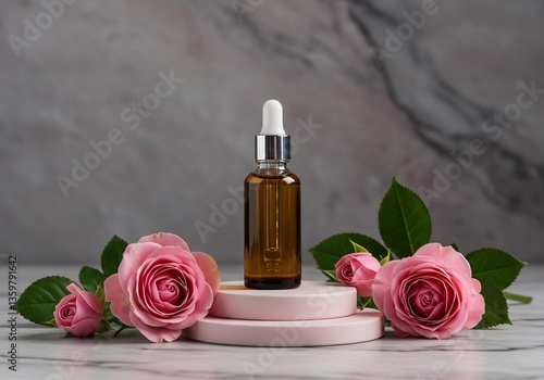 Fototapeta Naklejka Na Ścianę i Meble -  Amber bottle rose oil soft light elegant display. AI Generated