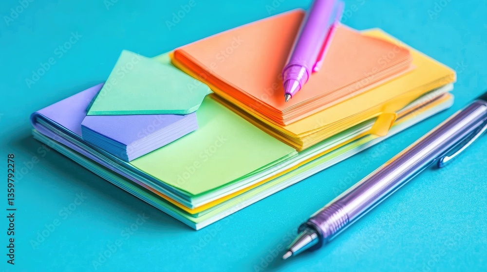 Brightly colored sticky notes and gel pens placed aesthetically on a cyan background. Brightly colored sticky notes and gel pens placed aesthetically on a cyan background.